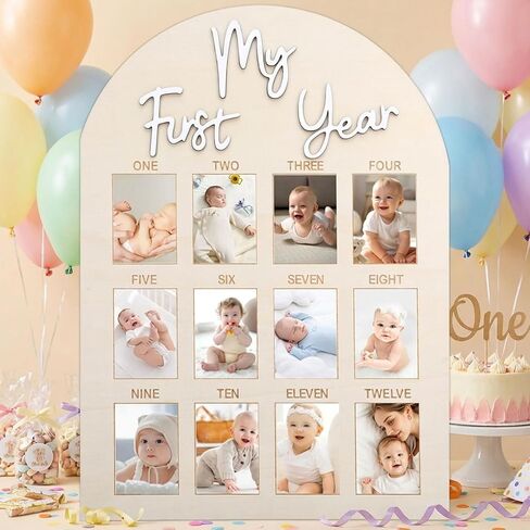 My First Year Photo Board, Wooden 1st Birthday Decorations for Her, 12 Monthly Milestone Signs, Personalized One Year Old Picture Frame for Sweet One Birthday Party, Baby Shower Party in Saudi Arabia