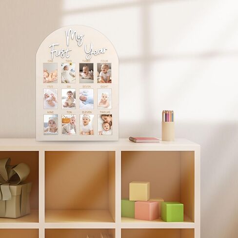 My First Year Photo Board, Wooden 1st Birthday Decorations for Her, 12 Monthly Milestone Signs, Personalized One Year Old Picture Frame for Sweet One Birthday Party, Baby Shower Party in Saudi Arabia