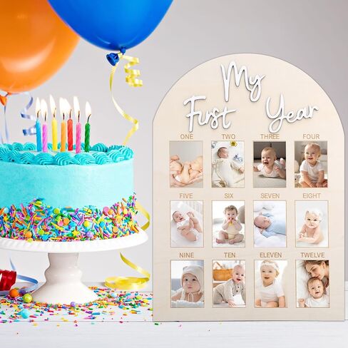 My First Year Photo Board, Wooden 1st Birthday Decorations for Her, 12 Monthly Milestone Signs, Personalized One Year Old Picture Frame for Sweet One Birthday Party, Baby Shower Party in Saudi Arabia