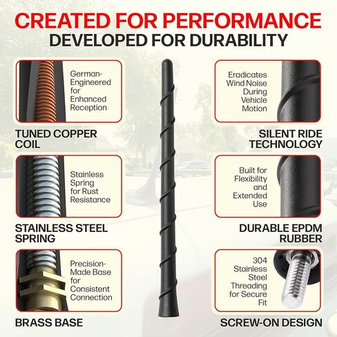 Votex Universal Short Rubber Spiral 8" Antenna Kit – Enhanced Reception, Carwash Proof, Flexible and Durable with Tuned Copper Coil and Stainless Steel Threading – for Trucks, Cars & SUVs, (Black) in Saudi Arabia