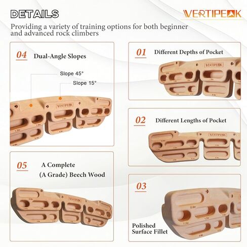 Wooden Climbing Hangboard with 2 Angle Slopes (15° & 45°) & 5 Depths Pockets, Rock Climbing Board for Finger Strength, Hanging Practice, Grip Endurance and Pull-up Training Indoor in Saudi Arabia