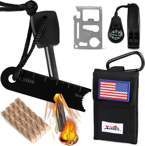 5 in 1 Ferro Rod Fire Starter Kit, Survival Gear Tool with Flint and Steel, Emergency Whistle, Credit Card Multitool, Compass & Waterproof Tinder for Outdoor, Emergency, Camping, Hiking, Gifts for Men in Saudi Arabia