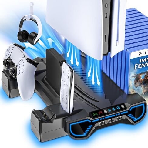 PS5/Slim/Pro Cooling Station with Controller Charging Station for Playstation 5 Console - LED PS5 Stand with Controller Charger, Cooling Stand Accessory Kit-Turbo Fan/Headset Holder/3 USB Hub, Black in Saudi Arabia