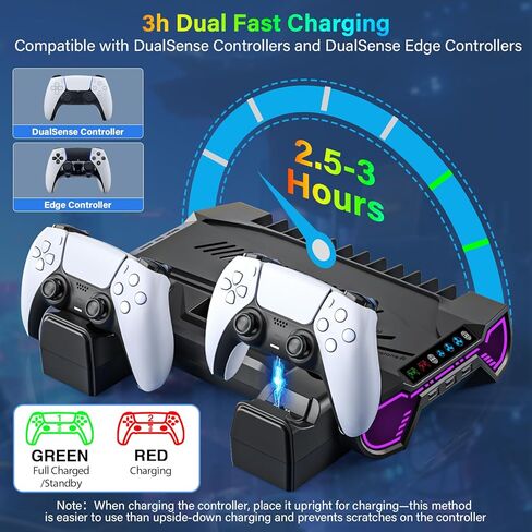 PS5/Slim/Pro Cooling Station with Controller Charging Station for Playstation 5 Console - LED PS5 Stand with Controller Charger, Cooling Stand Accessory Kit-Turbo Fan/Headset Holder/3 USB Hub, Black in Saudi Arabia