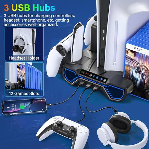 PS5/Slim/Pro Cooling Station with Controller Charging Station for Playstation 5 Console - LED PS5 Stand with Controller Charger, Cooling Stand Accessory Kit-Turbo Fan/Headset Holder/3 USB Hub, Black in Saudi Arabia