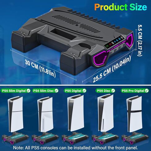 PS5/Slim/Pro Cooling Station with Controller Charging Station for Playstation 5 Console - LED PS5 Stand with Controller Charger, Cooling Stand Accessory Kit-Turbo Fan/Headset Holder/3 USB Hub, Black in Saudi Arabia