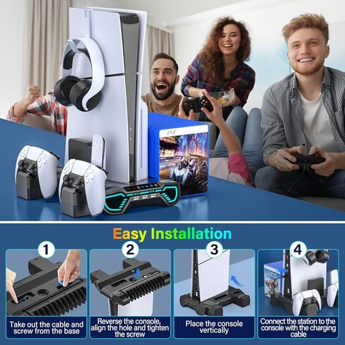 PS5/Slim/Pro Cooling Station with Controller Charging Station for Playstation 5 Console - LED PS5 Stand with Controller Charger, Cooling Stand Accessory Kit-Turbo Fan/Headset Holder/3 USB Hub, Black in Saudi Arabia