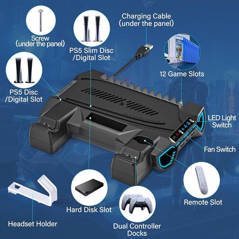 PS5/Slim/Pro Cooling Station with Controller Charging Station for Playstation 5 Console - LED PS5 Stand with Controller Charger, Cooling Stand Accessory Kit-Turbo Fan/Headset Holder/3 USB Hub, Black in Saudi Arabia
