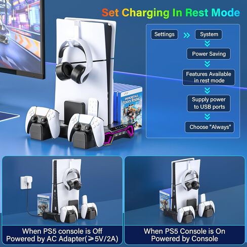 PS5/Slim/Pro Cooling Station with Controller Charging Station for Playstation 5 Console - LED PS5 Stand with Controller Charger, Cooling Stand Accessory Kit-Turbo Fan/Headset Holder/3 USB Hub, Black in Saudi Arabia
