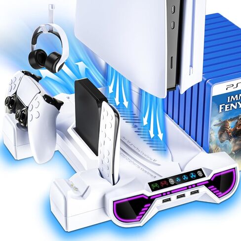 PS5/Slim/Pro Cooling Station with Controller Charging Station for Playstation 5 Console - LED PS5 Stand with Controller Charger, Cooling Stand Accessory Kit-Turbo Fan/Headset Holder/3 USB Hub, Black in Saudi Arabia