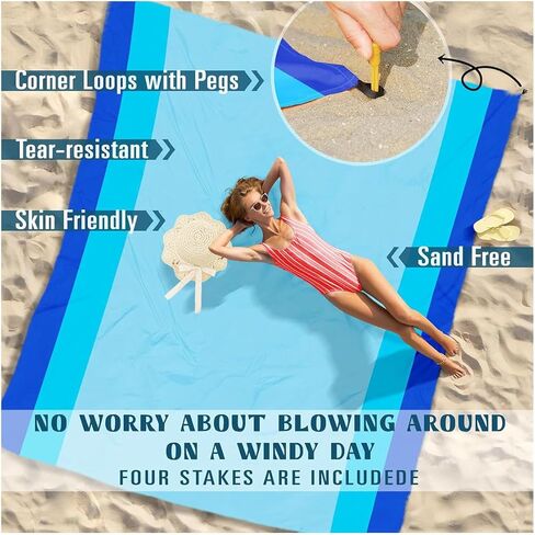 Beach Blanket Waterproof Sandproof Beach Mat 79" X 82" 'for 1-8 Adults Quick Drying Outdoor Picnic Mat Beach Accessories for Travel, Camping-Blue 3 in Saudi Arabia