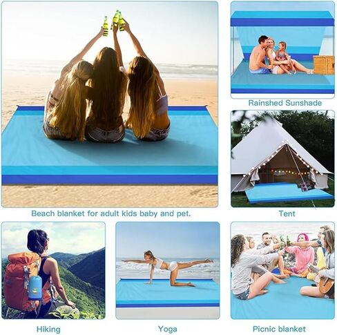 Beach Blanket Waterproof Sandproof Beach Mat 79" X 82" 'for 1-8 Adults Quick Drying Outdoor Picnic Mat Beach Accessories for Travel, Camping-Blue 3 in Saudi Arabia