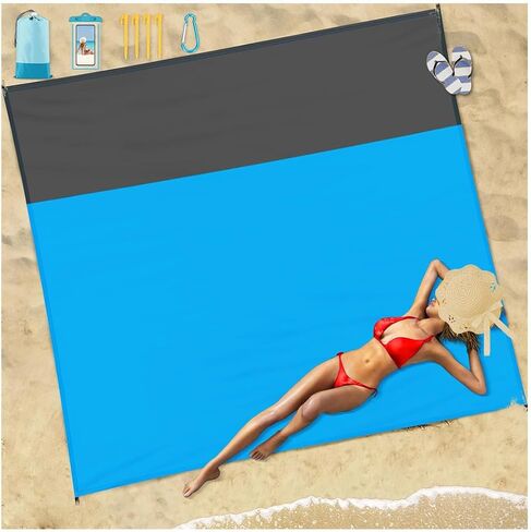 Beach Blanket Waterproof Sandproof Beach Mat 79" X 82" 'for 1-8 Adults Quick Drying Outdoor Picnic Mat Beach Accessories for Travel, Camping-Blue 3 in Saudi Arabia