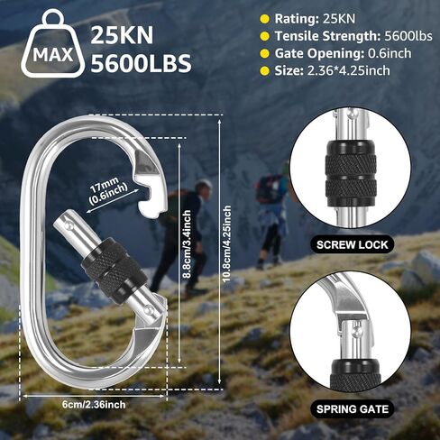 6 Pack Heavy Duty Carabiner Clips (25kn=5600lbs), Large Locking Climbing Carabiner, Multipurpose Oval Carabiners for Rigging, Ropes, Hammocks, Outdoor, Camping (Black) in Kuwait