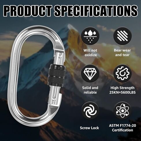 6 Pack Heavy Duty Carabiner Clips (25kn=5600lbs), Large Locking Climbing Carabiner, Multipurpose Oval Carabiners for Rigging, Ropes, Hammocks, Outdoor, Camping (Black) in Kuwait