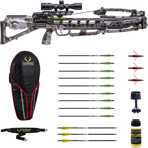 حزمة TenPoint Venom X - تتضمن 9 Pro Elite 400 غير مضاءة + 3 أسهم مضاءة Pro Elite 400، و3 رؤوس عريضة EVO-X CenterPunch، وحقيبة ناعمة ضيقة، وحزام من النيوبرين ومواد تشحيم ممتازة in Kuwait