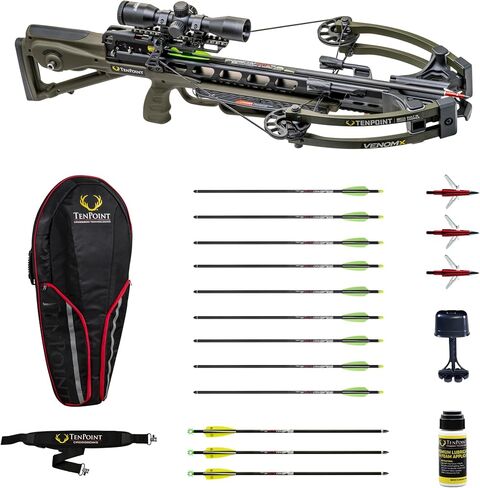 حزمة TenPoint Venom X - تتضمن 9 Pro Elite 400 غير مضاءة + 3 أسهم مضاءة Pro Elite 400، و3 رؤوس عريضة EVO-X CenterPunch، وحقيبة ناعمة ضيقة، وحزام من النيوبرين ومواد تشحيم ممتازة in Saudi Arabia