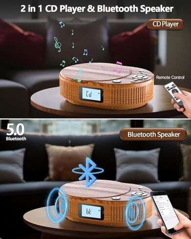 مشغل أقراص مضغوطة محمول، مشغل أقراص مضغوطة محمول مطور من FELEMAN ومكبر صوت بلوتوث 2 في 1 كومبو، مشغلات أقراص مضغوطة قابلة لإعادة الشحن للسيارة/المنزل مع جهاز تحكم عن بعد، راديو FM، دعم AUX/USB، مقبس سماعة الرأس in Kuwait