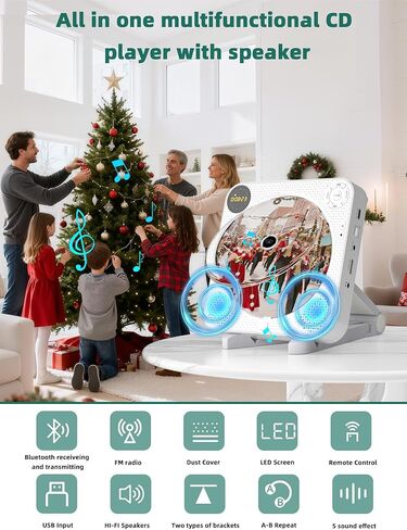مشغل أقراص مضغوطة للمنزل، مشغل أقراص مضغوطة محمول مع مكبرات صوت، مشغل موسيقى أقراص مضغوطة بلوتوث مع جهاز تحكم عن بعد، غطاء غبار، دعم راديو FM، AUX في كابل وUSB، كرر in Kuwait