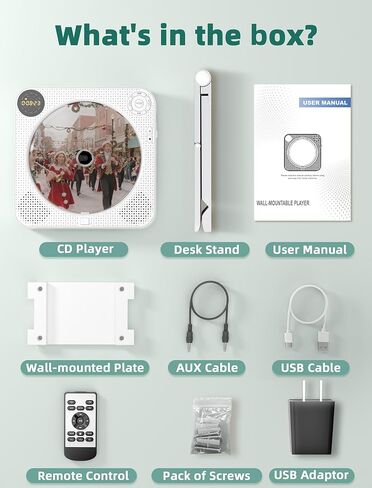 مشغل أقراص مضغوطة للمنزل، مشغل أقراص مضغوطة محمول مع مكبرات صوت، مشغل موسيقى أقراص مضغوطة بلوتوث مع جهاز تحكم عن بعد، غطاء غبار، دعم راديو FM، AUX في كابل وUSB، كرر in Kuwait