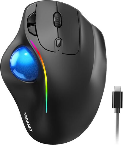 TECKNET Pro ماوس كرة التتبع اللاسلكي، ماوس بلوتوث مع تحكم مريح بالإبهام، USB-C قابل لإعادة الشحن، ماوس ضوء RGB مع DPI قابل للتعديل، اتصال 3 أجهزة (BT أو 2.4G)، للكمبيوتر الشخصي/Mac/الكمبيوتر المحمول - أسود in Kuwait