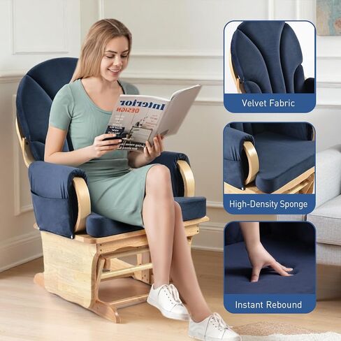 Comfortable Solid Wood Glider Rocker Chair with Plush Velvet Cushion - Modern Rocking Chair for Living Room, Nursery, Reading Nook - Dark Blue in Saudi Arabia