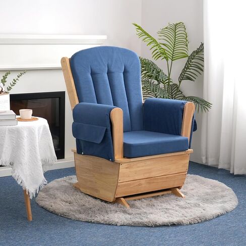 Comfortable Solid Wood Glider Rocker Chair with Plush Velvet Cushion - Modern Rocking Chair for Living Room, Nursery, Reading Nook - Dark Blue in Saudi Arabia