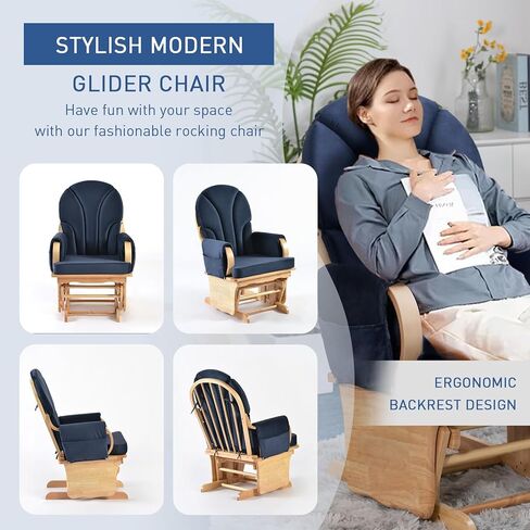 Comfortable Solid Wood Glider Rocker Chair with Plush Velvet Cushion - Modern Rocking Chair for Living Room, Nursery, Reading Nook - Dark Blue in Saudi Arabia