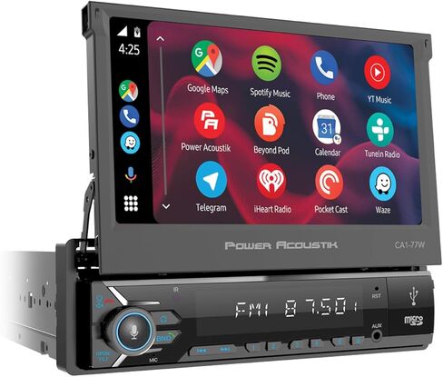 باور اكوستيك CA1-77W | ستيريو سيارة قابل للطي مقاس 7 بوصات مع Apple CarPlay وAndroid Auto اللاسلكي، راديو سيارة بلوتوث بشاشة لمس DIN واحدة، دعم كاميرا احتياطية، USB/SD، AM/FM، مكالمات بدون استخدام اليدين in Kuwait