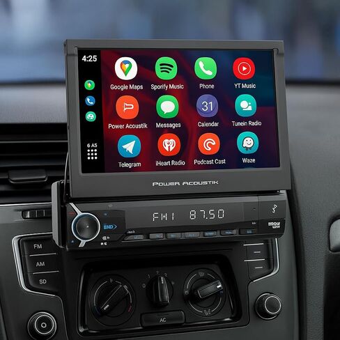 باور اكوستيك CA1-77W | ستيريو سيارة قابل للطي مقاس 7 بوصات مع Apple CarPlay وAndroid Auto اللاسلكي، راديو سيارة بلوتوث بشاشة لمس DIN واحدة، دعم كاميرا احتياطية، USB/SD، AM/FM، مكالمات بدون استخدام اليدين in Kuwait