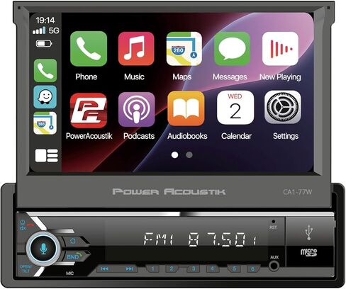 باور اكوستيك CA1-77W | ستيريو سيارة قابل للطي مقاس 7 بوصات مع Apple CarPlay وAndroid Auto اللاسلكي، راديو سيارة بلوتوث بشاشة لمس DIN واحدة، دعم كاميرا احتياطية، USB/SD، AM/FM، مكالمات بدون استخدام اليدين in Kuwait