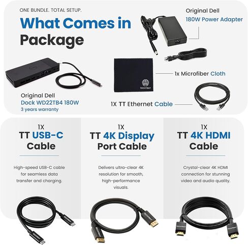 WD22TB4 Dell Thunderbolt 4 Dock 180W - 40Gbps, 3 Years Warranty, USB-C/USB-A Dell Docking Station with 180W Adapter + Techtray Cables & Cloth - Supports Dual/Triple Monitor & 4K Displays (New) in Saudi Arabia