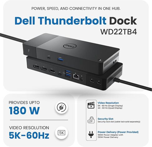 WD22TB4 Dell Thunderbolt 4 Dock 180W - 40Gbps, 3 Years Warranty, USB-C/USB-A Dell Docking Station with 180W Adapter + Techtray Cables & Cloth - Supports Dual/Triple Monitor & 4K Displays (New) in Saudi Arabia