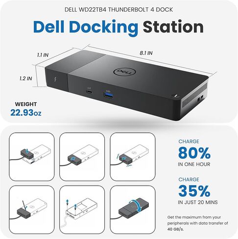 WD22TB4 Dell Thunderbolt 4 Dock 180W - 40Gbps, 3 Years Warranty, USB-C/USB-A Dell Docking Station with 180W Adapter + Techtray Cables & Cloth - Supports Dual/Triple Monitor & 4K Displays (New) in Saudi Arabia