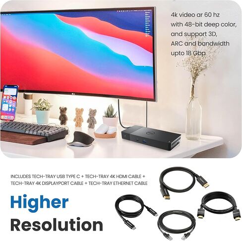 WD22TB4 Dell Thunderbolt 4 Dock 180W - 40Gbps, 3 Years Warranty, USB-C/USB-A Dell Docking Station with 180W Adapter + Techtray Cables & Cloth - Supports Dual/Triple Monitor & 4K Displays (New) in Saudi Arabia
