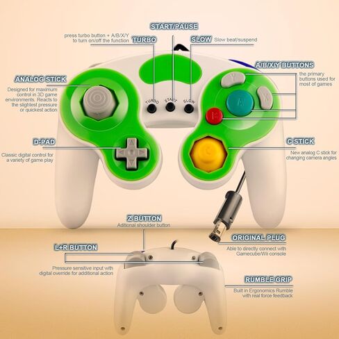 YSDZSW Upgraded GameCube Controller with TURBO Function, Classic Wired Controller for Wii/GameCube (White-Green) in Saudi Arabia