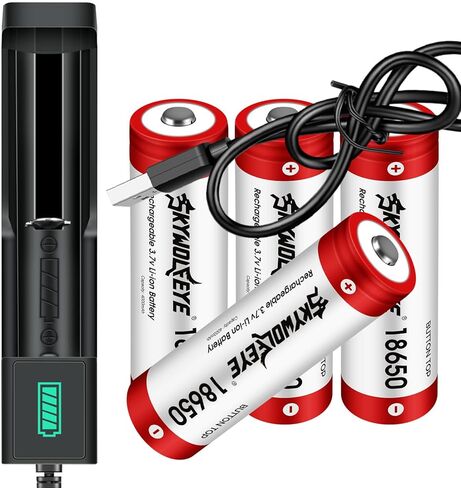 4 قطع بطارية قابلة للشحن مع شاحن، شاحن عالمي بفتحة واحدة لبطاريات 3.7 فولت قابلة للشحن 18500 I865O (نوع الزر العلوي) in Kuwait