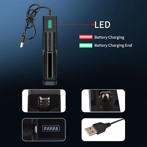 4 قطع بطارية قابلة للشحن مع شاحن، شاحن عالمي بفتحة واحدة لبطاريات 3.7 فولت قابلة للشحن 18500 I865O (نوع الزر العلوي) in Kuwait