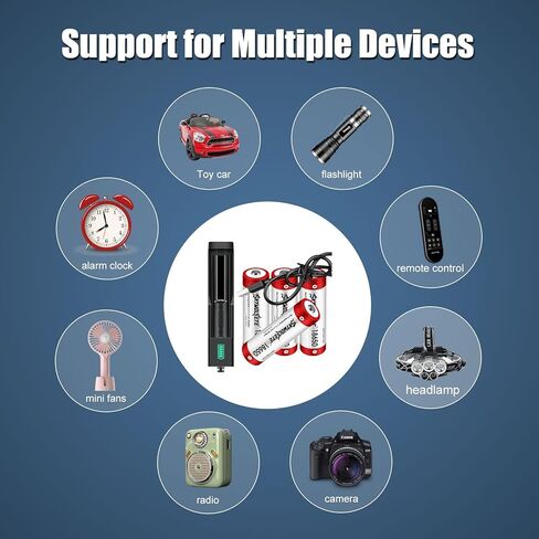 4 قطع بطارية قابلة للشحن مع شاحن، شاحن عالمي بفتحة واحدة لبطاريات 3.7 فولت قابلة للشحن 18500 I865O (نوع الزر العلوي) in Kuwait