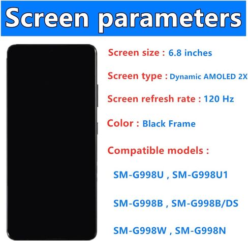 Original 6.8" AMOLED Display for Samsung Galaxy S21 Ultra Screen Replacement OEM S21Ultra 5G SM-S998U SM-S998U1 Display Touch Screen Digitizer Assembly (with Black Frame+Back Cover Adhesive+Tools) in Saudi Arabia