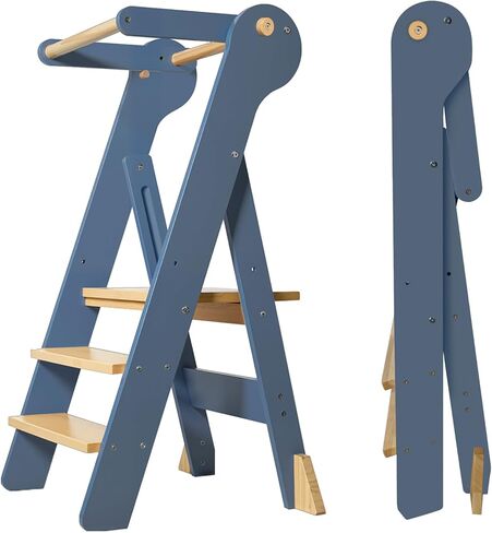 Foldable Toddler Tower, Kids Kitchen Step Stool, Height Adjustable Montessori Toddler Standing Tower with Safety Rail & Anti-Slip Design, Wooden Helper Stool for Ages 1–6 (Blue Gray) in Saudi Arabia