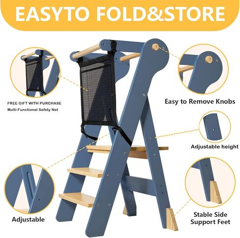 Foldable Toddler Tower, Kids Kitchen Step Stool, Height Adjustable Montessori Toddler Standing Tower with Safety Rail & Anti-Slip Design, Wooden Helper Stool for Ages 1–6 (Blue Gray) in Saudi Arabia