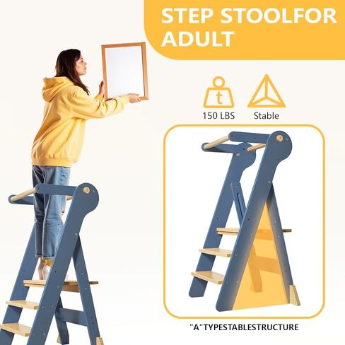 Foldable Toddler Tower, Kids Kitchen Step Stool, Height Adjustable Montessori Toddler Standing Tower with Safety Rail & Anti-Slip Design, Wooden Helper Stool for Ages 1–6 (Blue Gray) in Saudi Arabia