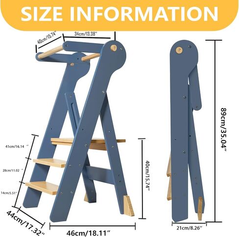 Foldable Toddler Tower, Kids Kitchen Step Stool, Height Adjustable Montessori Toddler Standing Tower with Safety Rail & Anti-Slip Design, Wooden Helper Stool for Ages 1–6 (Blue Gray) in Saudi Arabia