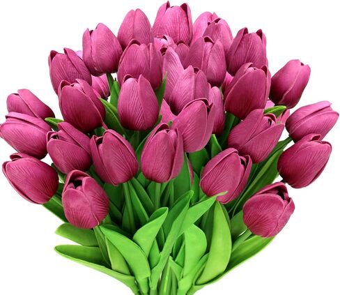 28pcs Pink Flowers Artificial Tulip Stems Real Feel PU Tulips for Easter Spring Wreath Wedding Bouquet Centerpiece Floral Arrangement Cemetery Table Décor 13" Tall in Saudi Arabia