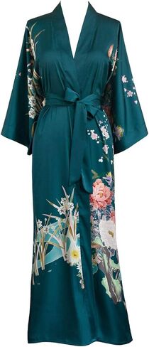 KIM+ONO Women's Charmeuse Kimono Robe Long - Peacock Feather - White in Saudi Arabia