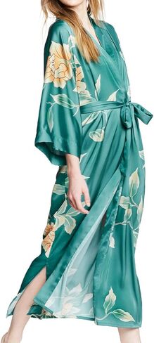 KIM+ONO Women's Charmeuse Kimono Robe Long - Peacock Feather - White in Saudi Arabia