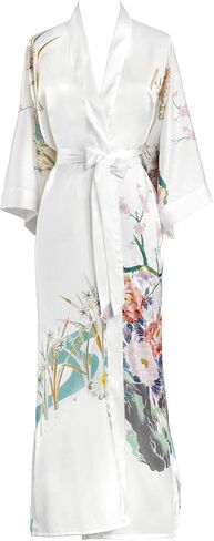 KIM+ONO Women's Charmeuse Kimono Robe Long - Peacock Feather - White in Saudi Arabia