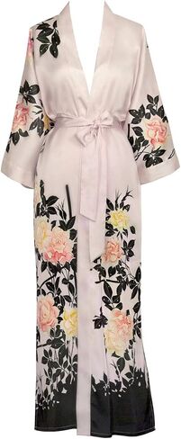 KIM+ONO Women's Charmeuse Kimono Robe Long - Peacock Feather - White in Saudi Arabia