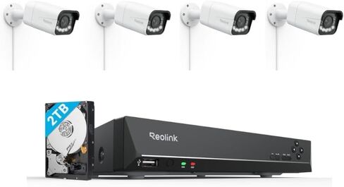 نظام كاميرا الأمان REOLINK PoE، كاميرات خارجية 4X 8 ميجابكسل RLC-811A مع حزمة تكبير بصري 5X 1x RLN8-410 (قرص صلب سعة 2 تيرابايت) in Saudi Arabia